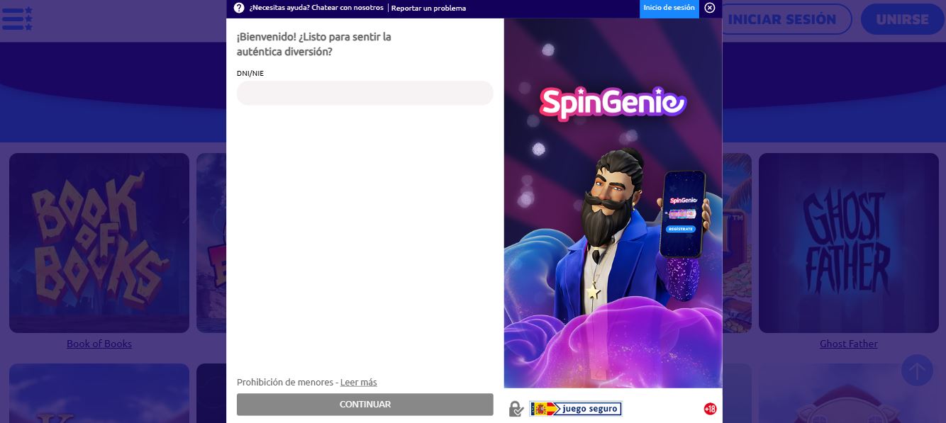 Regístrate en SpinGenie introduciendo tu DNI o NIE